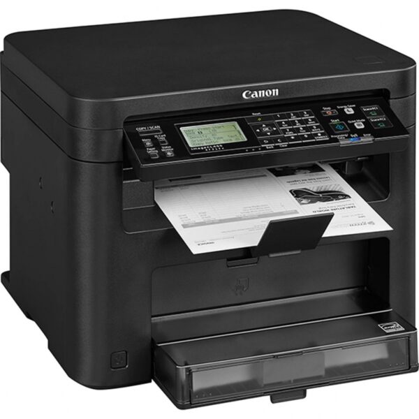 Image of the Canon imageCLASS MF241D All-in-One Duplex Printer, featuring a sleek and compact design in black and white. The printer has a control panel on the top with a small LCD screen and various buttons for easy operation. The scanner bed is located on top of the printer, with a foldable output tray visible below it.